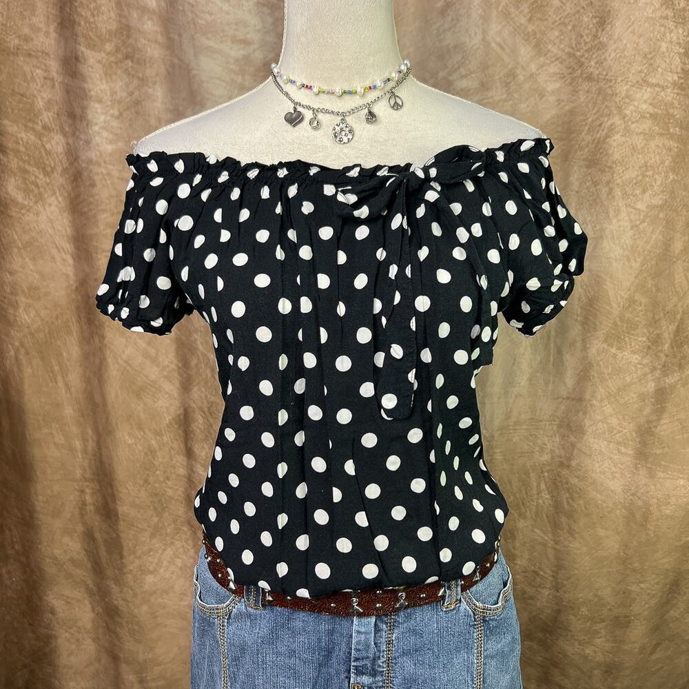 Y2K Polka Dot Off the Shoulder Top Black White Ruffled Trim Bow Tie Twee Summer